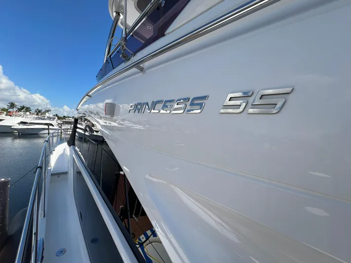 Balance Yacht Photos Pics 2018 Princess F55 yacht docked at marina under clear blue sky.