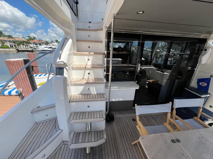 Balance Yacht Photos Pics 2018 Princess F55 yacht interior with stairs and seating area, docked at marina.