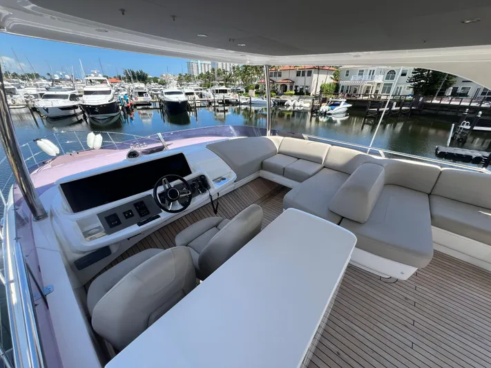 Balance Yacht Photos Pics Luxurious 2018 Princess F55 yacht interior with spacious seating and marina view.