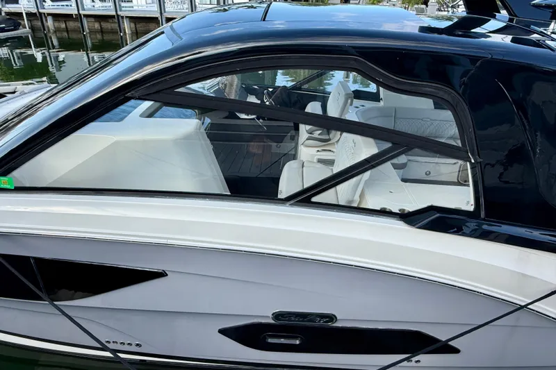  Yacht Photos Pics 2022 Sea Ray Sundancer 370 Outboard, sleek design, docked at marina.