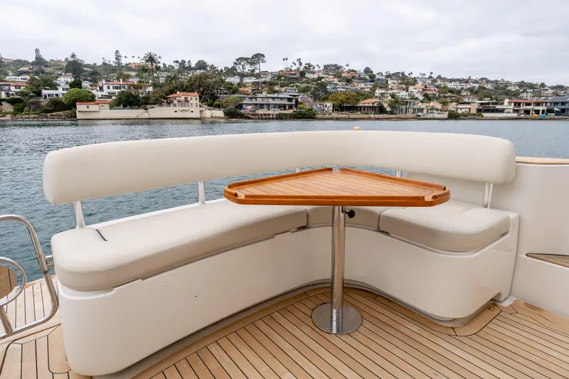 Zissou Yacht Photos Pics 2006 Chris-Craft Roamer 40 yacht with elegant deck seating and scenic waterfront view.