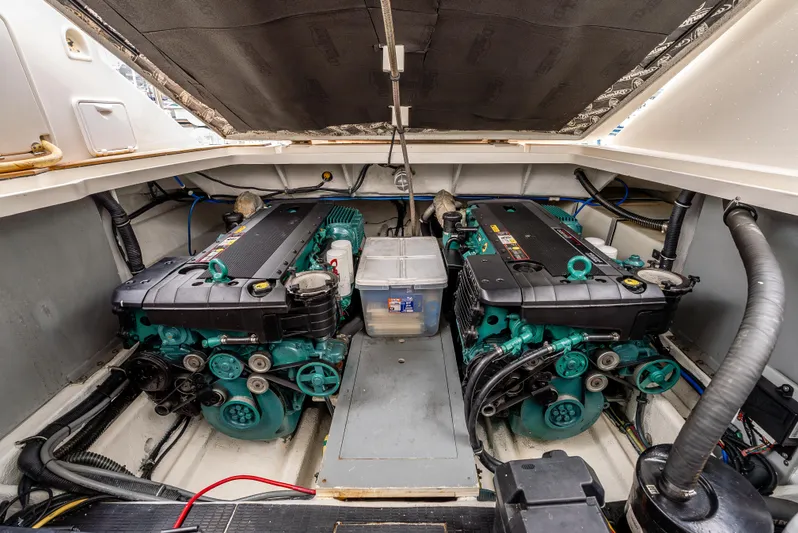 Zissou Yacht Photos Pics Engine room of 2006 Chris-Craft Roamer 40 with dual engines and organized layout.