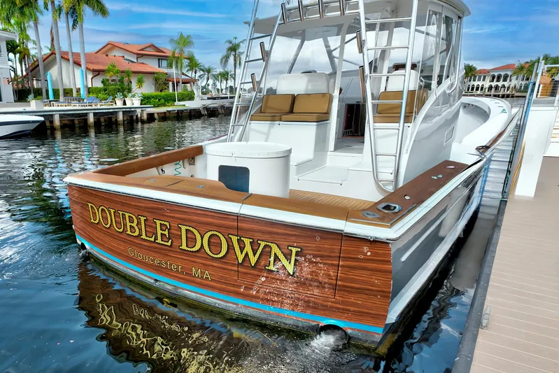 "double Down" Yacht Photos Pics 2014 Release Walkaround boat "Double Down" docked in a scenic marina.