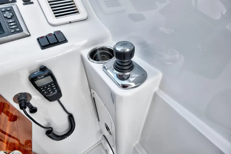 "double Down" Yacht Photos Pics Boat control panel with joystick, radio, and switches on a 2014 Release Walkaround.