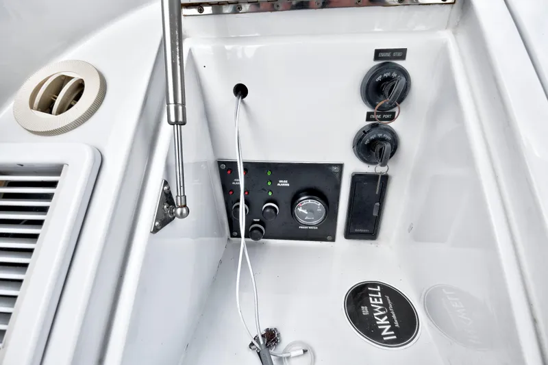 "double Down" Yacht Photos Pics Control panel of a 2014 Release Walkaround boat with gauges and switches.