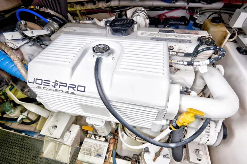 "double Down" Yacht Photos Pics Engine compartment of a 2014 Release Walkaround boat, featuring a Joe Pro engine.