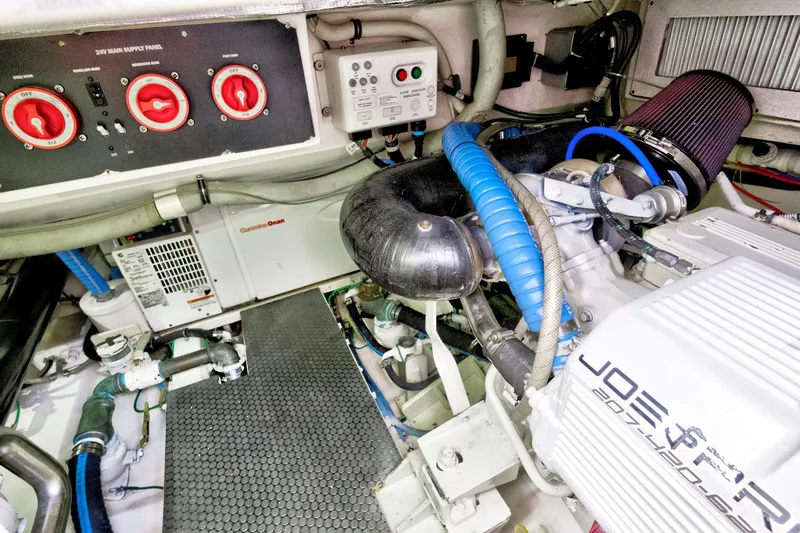 "double Down" Yacht Photos Pics Engine room of a 2014 Release Walkaround boat with visible components and wiring.