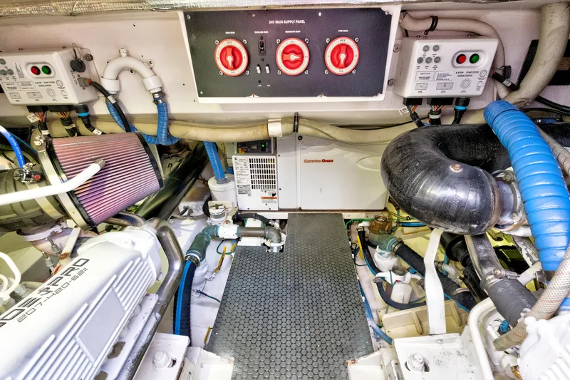 "double Down" Yacht Photos Pics Engine room of 2014 Release Walkaround boat with Cummins Onan generator and control panels.