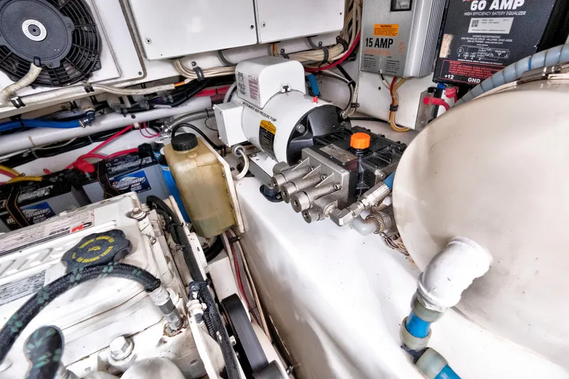 "double Down" Yacht Photos Pics Engine room of a 2014 Release Walkaround boat with mechanical components and wiring.