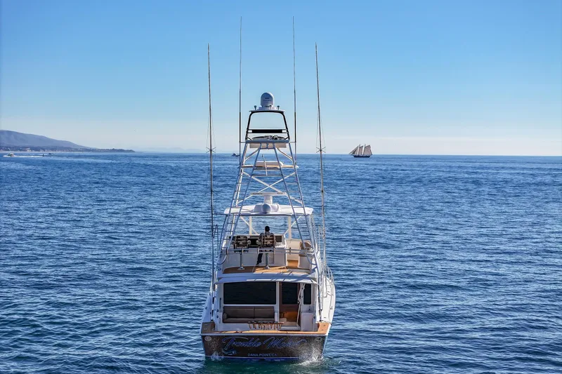 Trouble Maker Yacht Photos Pics 2013 Viking 46 Convertible yacht on open sea with clear blue sky.