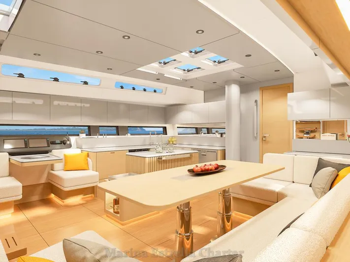  Yacht Photos Pics Luxurious interior of 2025 Hanse 590 yacht with modern design and spacious seating.