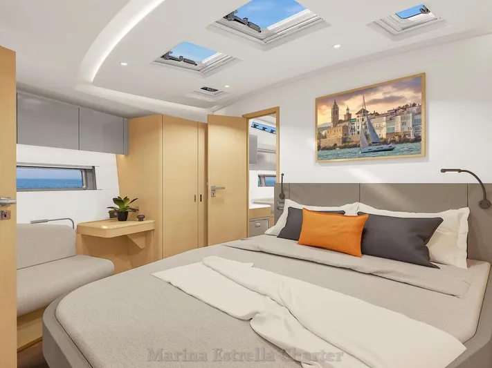  Yacht Photos Pics Luxurious interior of 2025 Hanse 590 yacht cabin with modern decor and skylights.