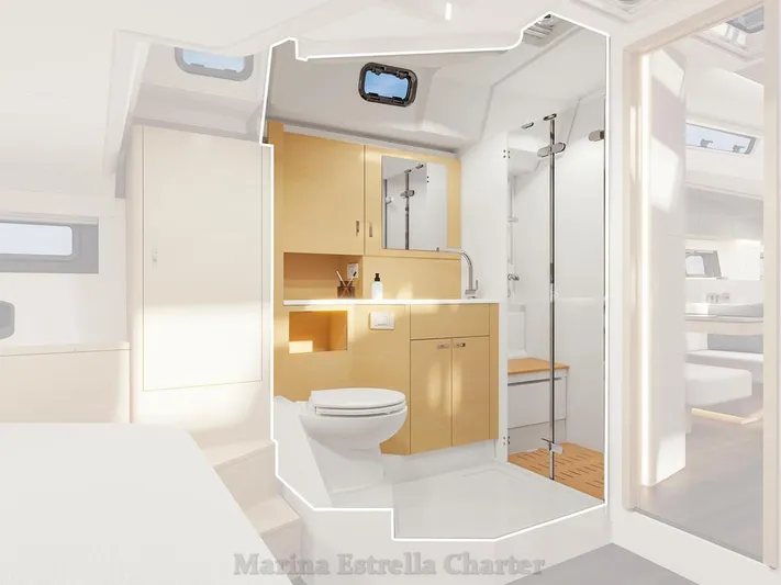  Yacht Photos Pics Modern bathroom interior of 2025 Hanse 590 yacht, featuring sleek design and wooden accents.