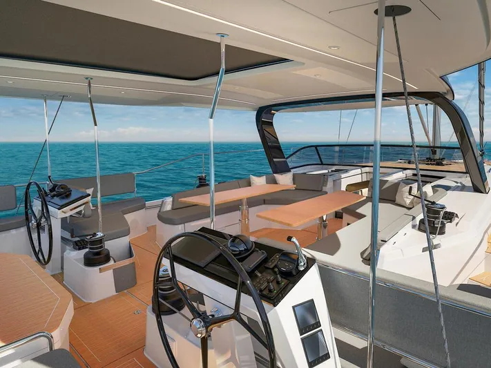  Yacht Photos Pics Luxurious 2025 Hanse 590 yacht interior with modern helm and seating, sailing on open sea.