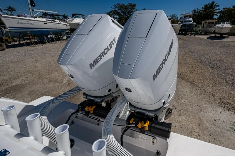  Yacht Photos Pics Twin Mercury outboard engines on a 2025 Invincible 33 Open Fisherman boat.