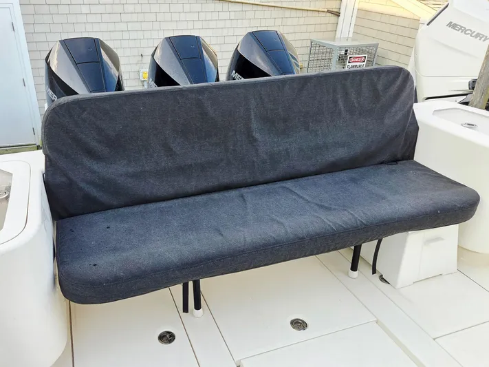  Yacht Photos Pics 2023 SeaVee 37 Z boat with covered bench seat and Mercury outboard engines.