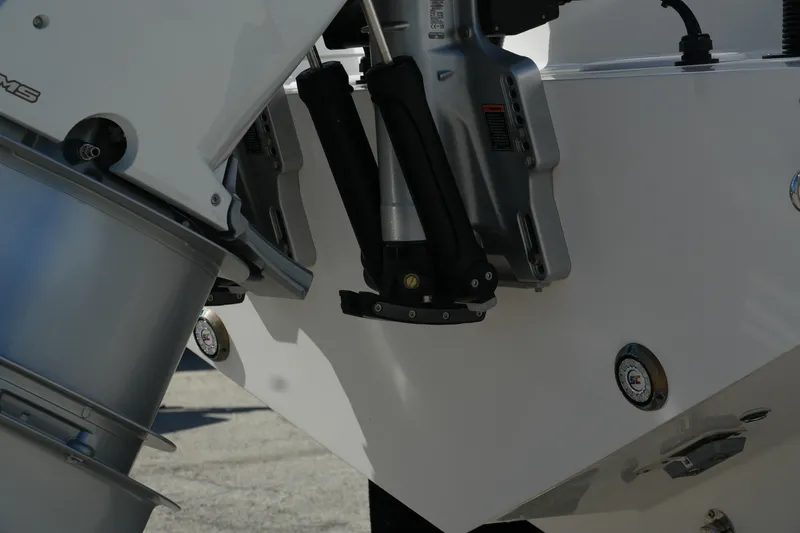  Yacht Photos Pics Close-up of 2025 Fountain 32 NX boat engine and hydraulic components.