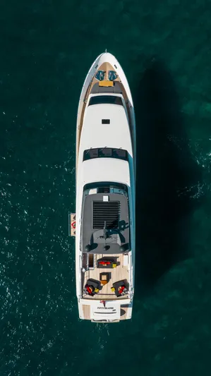 Fifty Shades Yacht Photos Pics Aerial view of 2018 Sanlorenzo SL106 yacht on clear blue water.