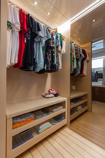 Fifty Shades Yacht Photos Pics Luxurious Sanlorenzo SL106 yacht closet with neatly organized clothes and modern design, 2018 model.