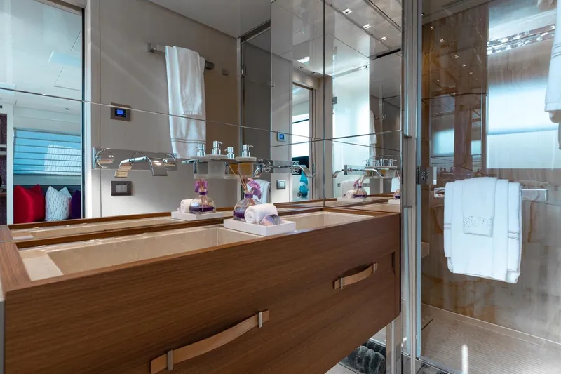 Fifty Shades Yacht Photos Pics Luxurious bathroom in 2018 Sanlorenzo SL106 yacht with modern fixtures and elegant design.