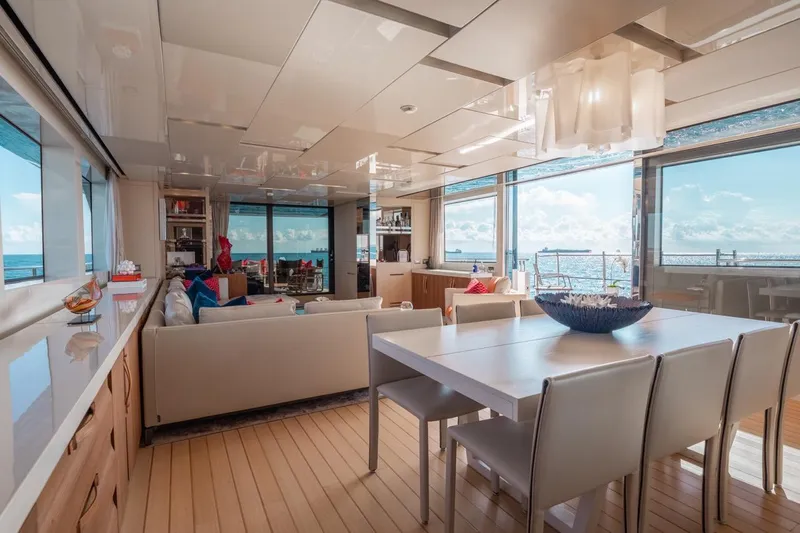 Fifty Shades Yacht Photos Pics Luxurious interior of 2018 Sanlorenzo SL106 yacht with ocean views and modern furnishings.