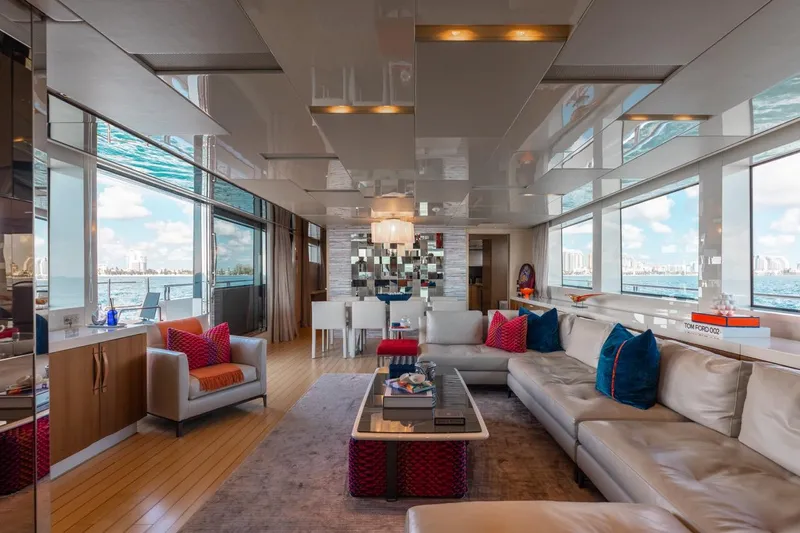 Fifty Shades Yacht Photos Pics Luxurious interior of 2018 Sanlorenzo SL106 yacht with modern decor and panoramic windows.