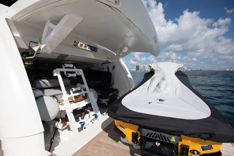 Fifty Shades Yacht Photos Pics Sanlorenzo SL106 yacht garage with jet ski, ocean view, 2018 model.