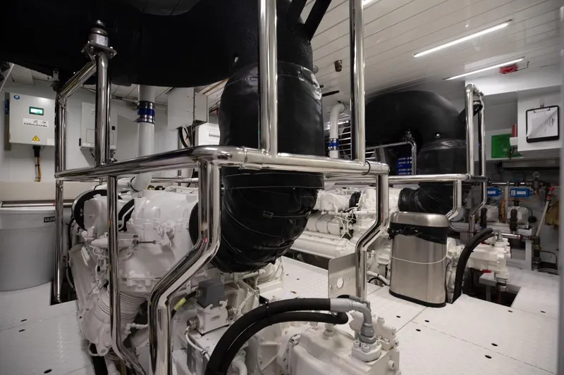 Fifty Shades Yacht Photos Pics Engine room of 2018 Sanlorenzo SL106 yacht, featuring advanced machinery and sleek design.