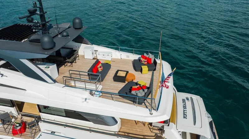 Fifty Shades Yacht Photos Pics Sanlorenzo SL106 2018 yacht with spacious deck and luxurious seating on the water.