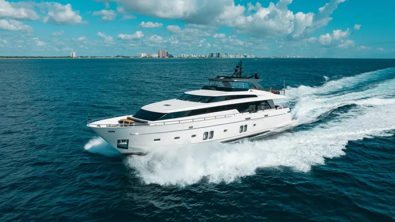 Fifty Shades Yacht Photos Pics 2018 Sanlorenzo SL106 yacht cruising on open sea under blue sky.