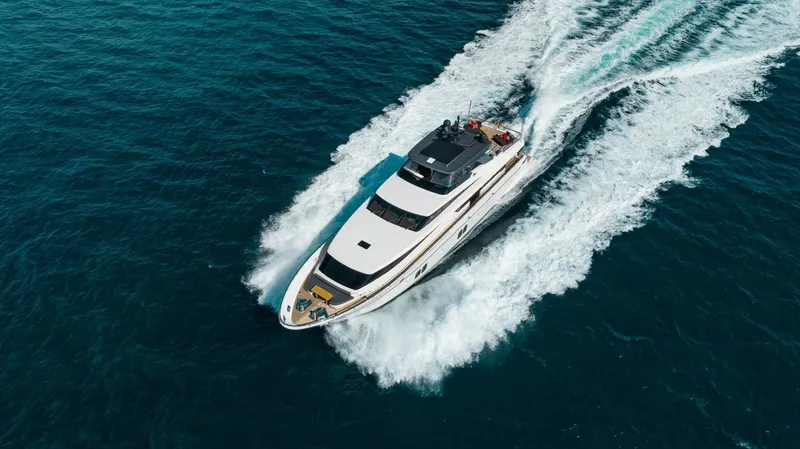 Fifty Shades Yacht Photos Pics Sanlorenzo SL106 yacht cruising on open sea, 2018 model, aerial view.