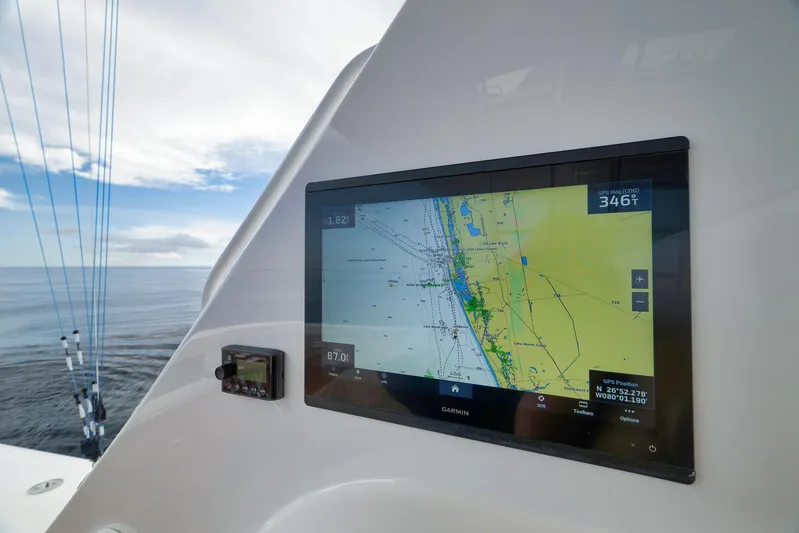 Makara Yacht Photos Pics Navigation screen on a 2018 Viking 72 Sky Bridge yacht, displaying a marine map.