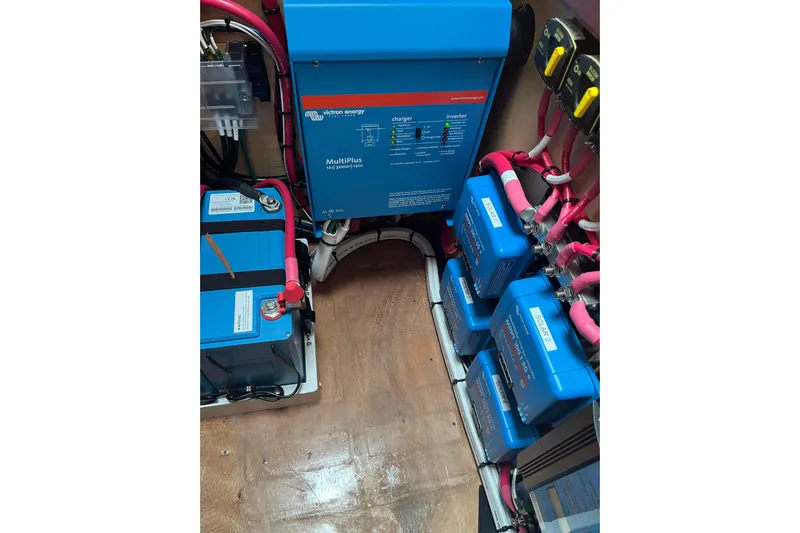 Namaste Yacht Photos Pics Electrical system of a 2004 Lagoon 380 catamaran with batteries and inverter setup.