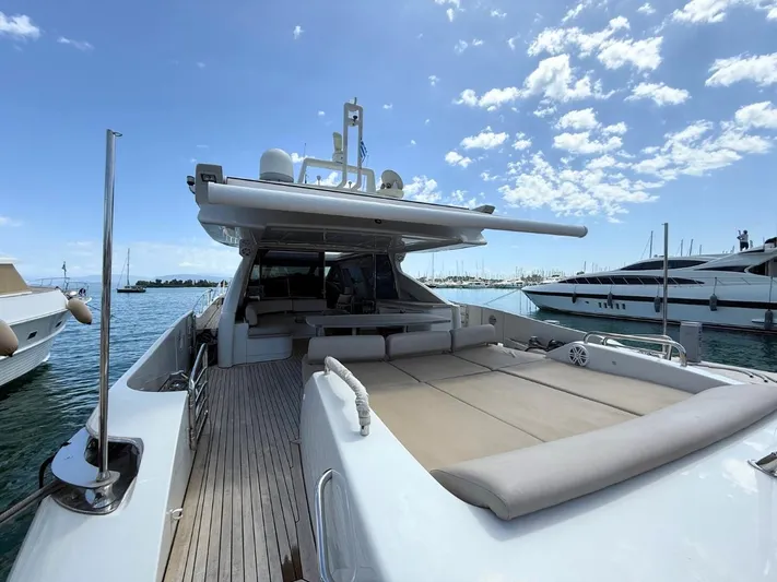  Yacht Photos Pics 2006 Azimut 86S yacht with spacious deck, docked in a sunny marina.