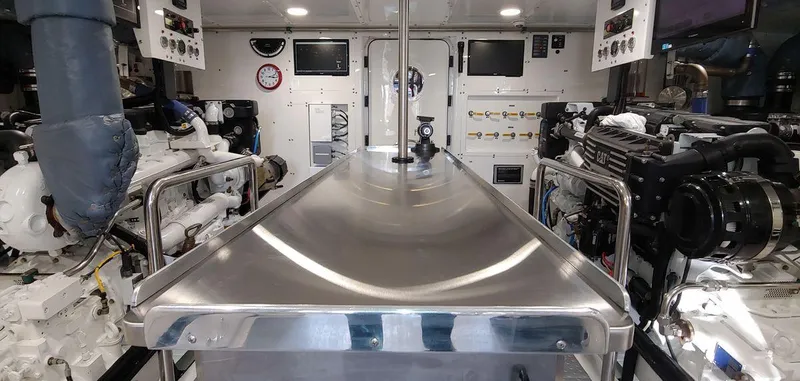 Allseas Yacht Photos Pics Engine room of a 2016 Allseas Expedition 92 yacht with modern equipment.