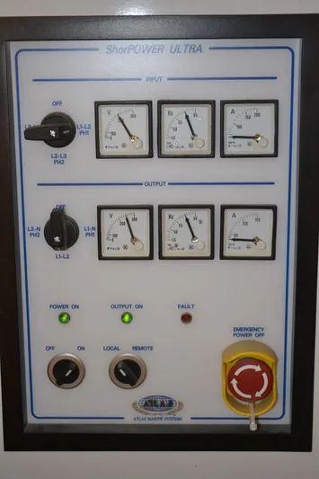 Allseas Yacht Photos Pics Control panel of Allseas Expedition 92, 2016 model, featuring gauges and emergency power switch.