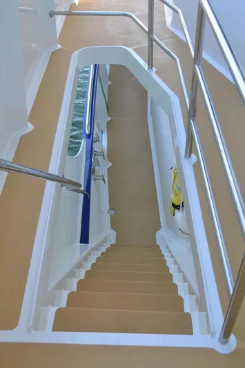 Allseas Yacht Photos Pics Staircase on Allseas Expedition 92 yacht, 2016 model, with safety railings.