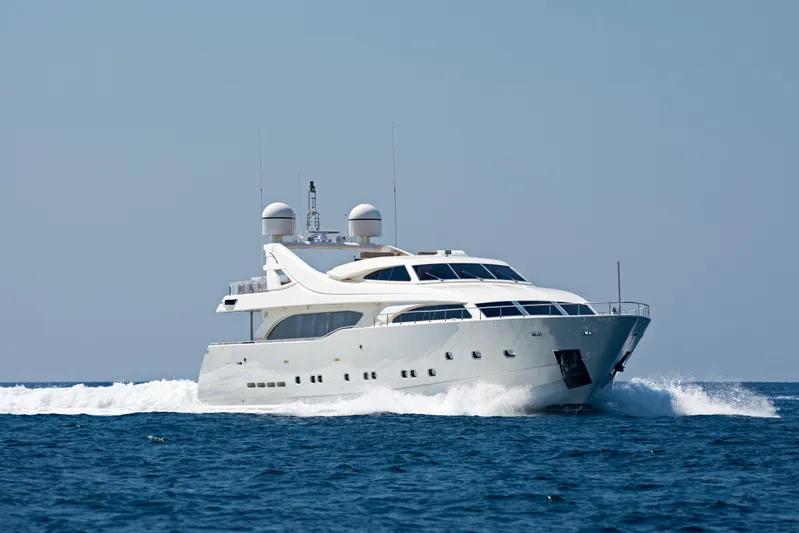 Whisper V Yacht Photos Pics Luxury Ferretti Yachts 112 Custom Line cruising on open sea, 2002 model.