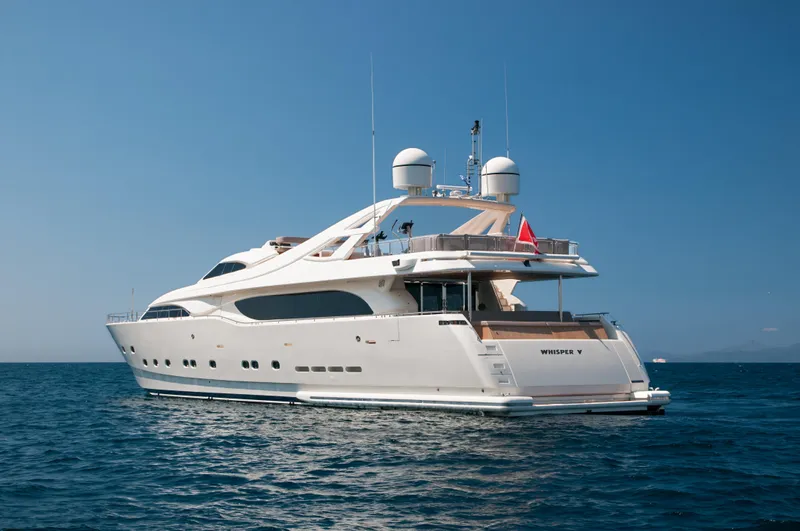 Whisper V Yacht Photos Pics Luxury 2002 Ferretti Yachts 112 Custom Line on open sea, clear sky background.