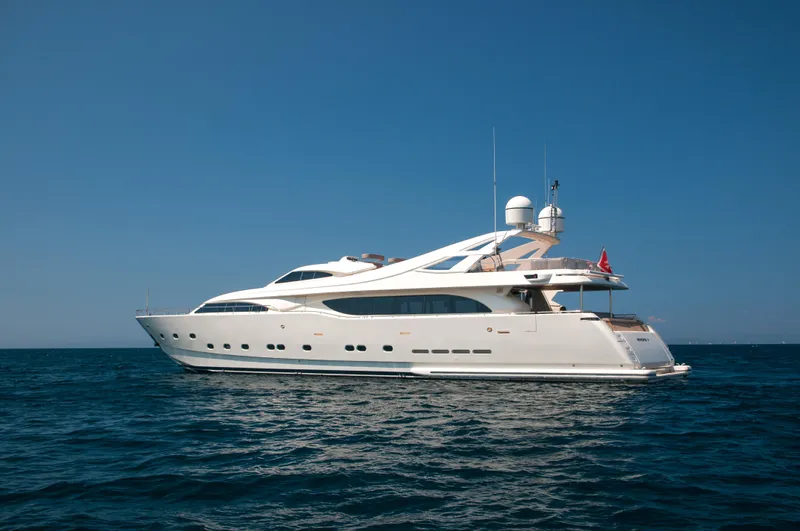 Whisper V Yacht Photos Pics Luxury Ferretti Yachts 112 Custom Line, 2002 model, cruising on open sea.