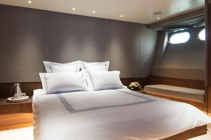Whisper V Yacht Photos Pics Luxurious bedroom interior on 2002 Ferretti Yachts 112 Custom Line.