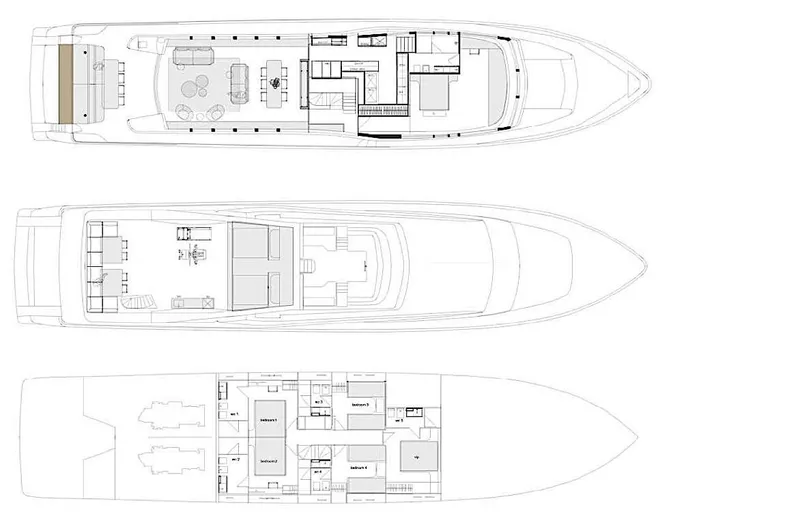 Whisper V Yacht Photos Pics Blueprint of 2002 Ferretti Yachts 112 Custom Line, showcasing detailed deck layouts.
