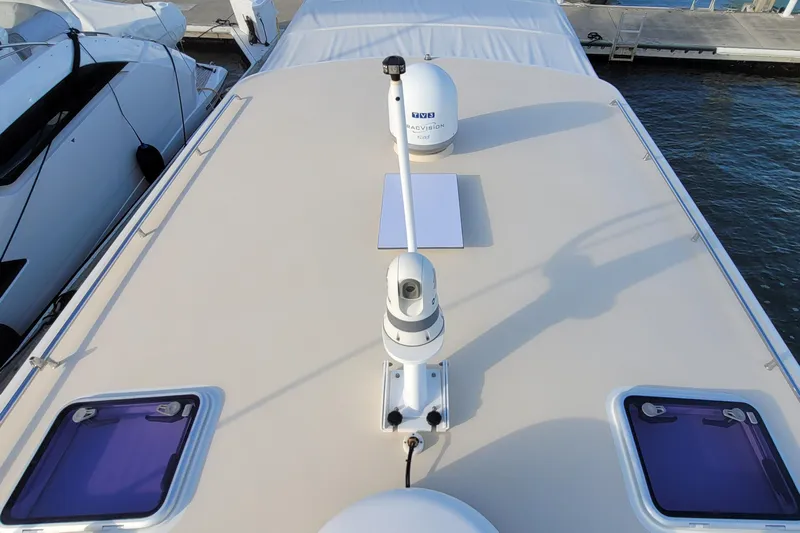 Future 7 Yacht Photos Pics 2018 MJM 50z yacht deck with radar and hatches, docked at marina.