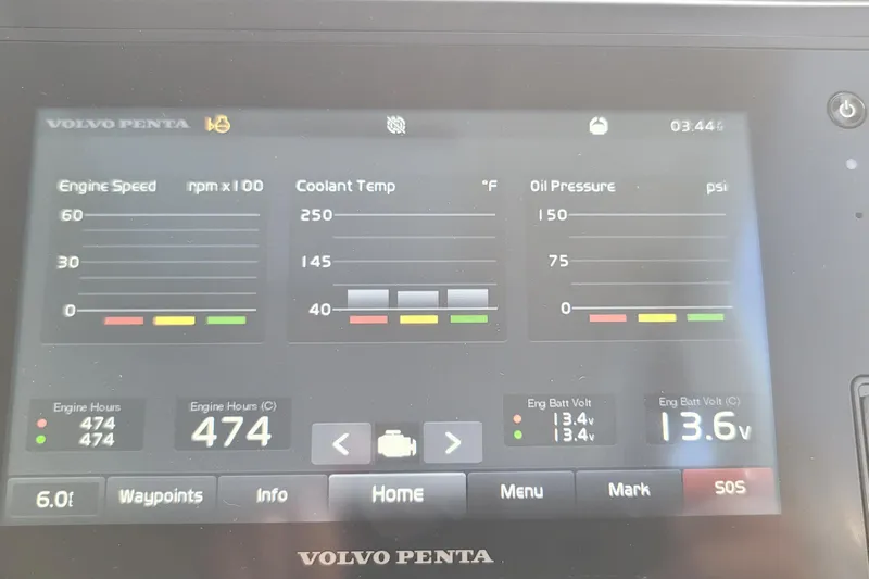 Future 7 Yacht Photos Pics Volvo Penta engine display showing speed, coolant temperature, oil pressure, and battery voltage on MJM 50z.