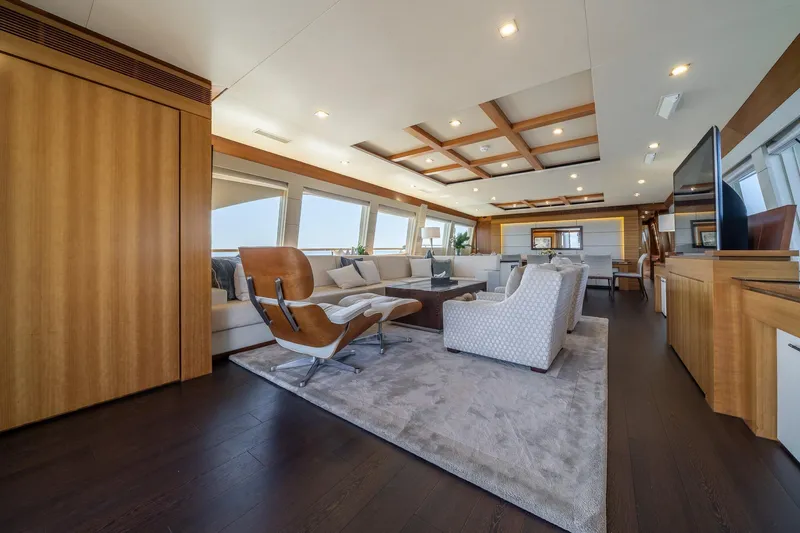 Arion Yacht Photos Pics Luxurious interior of 2011 Guy Couach 121' yacht with modern furnishings and elegant design.