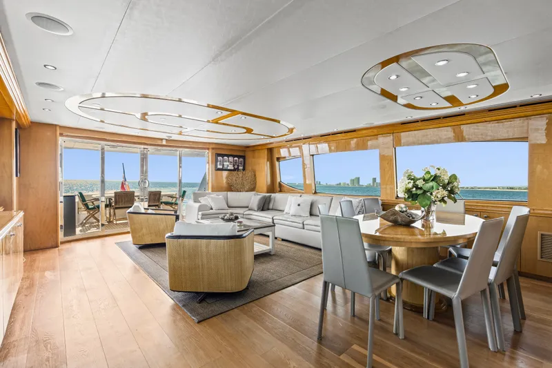 Time-2 Fly Yacht Photos Pics Luxurious interior of 2006 Hatteras 80 Motor Yacht Sky Lounge with ocean view.