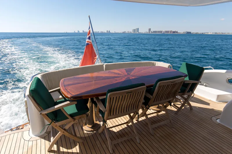 Time-2 Fly Yacht Photos Pics Aft deck of 2006 Hatteras 80 Motor Yacht Sky Lounge with dining table and ocean view.