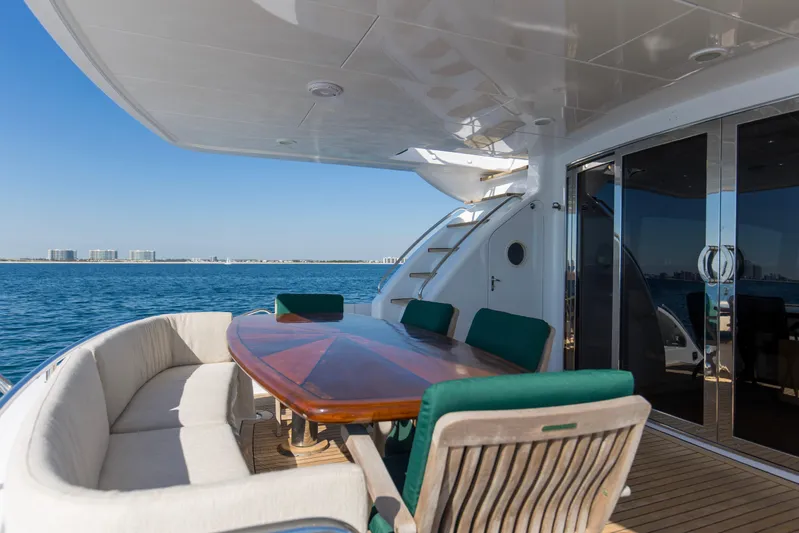 Time-2 Fly Yacht Photos Pics Luxurious deck of 2006 Hatteras 80 Motor Yacht Sky Lounge with ocean view.