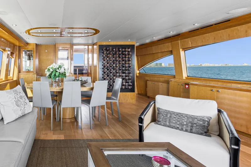 Time-2 Fly Yacht Photos Pics Luxurious interior of 2006 Hatteras 80 Motor Yacht Sky Lounge with ocean view.