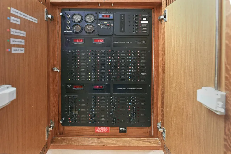 Trios Yacht Photos Pics Electrical control panel inside 2007 Cabo 40 Express with Tower, featuring gauges and switches.